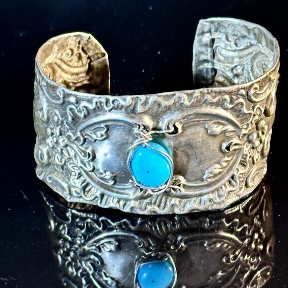 Antique Sterling Silver Cuff Bracelet Sleeping Beauty Turquoise 925 Victorian - Picture 5 of 12